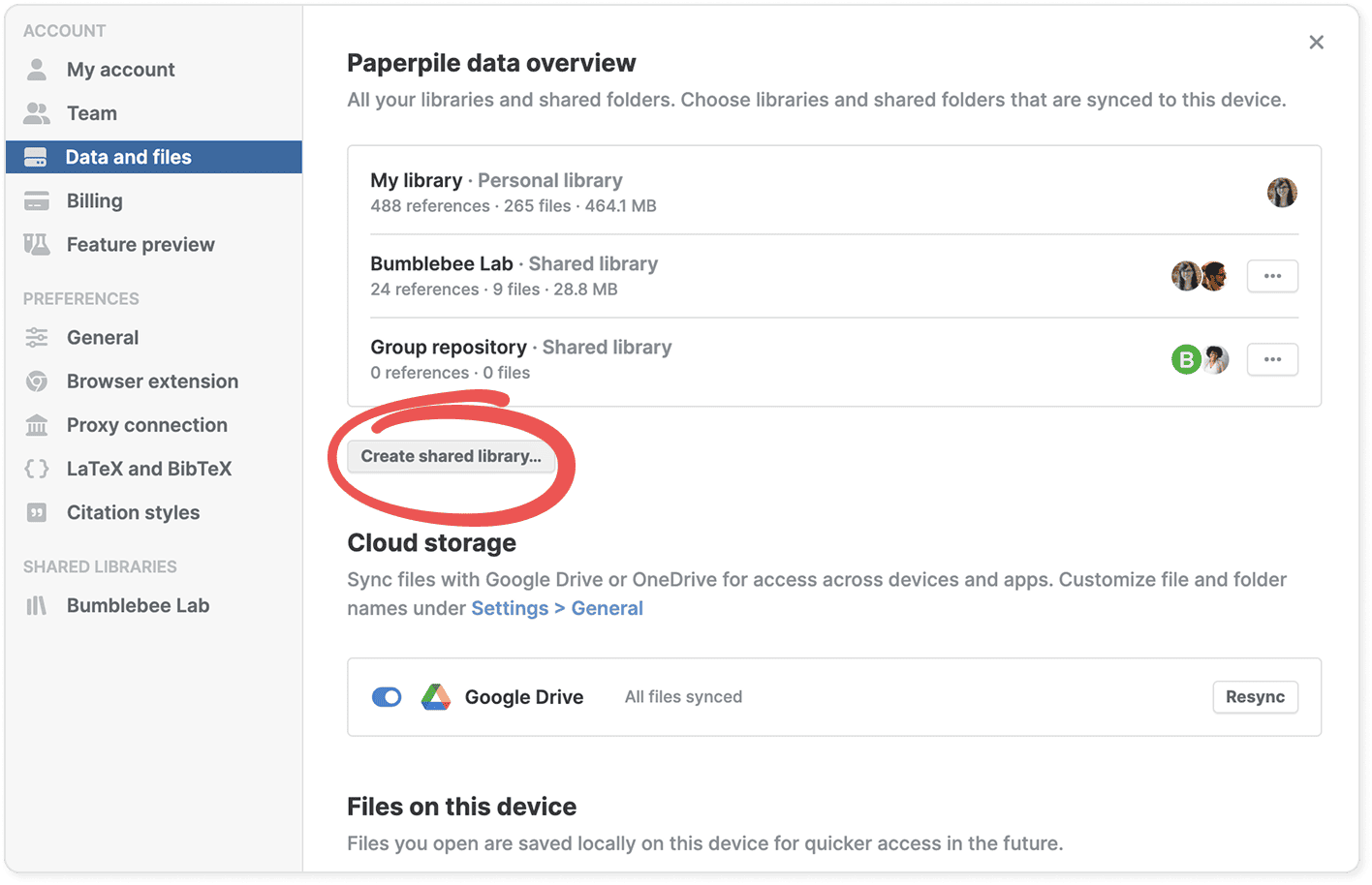 Settings › Data and files showing the personal library and two shared libraries with their reference and file counts, and a circled “Create shared library…” button above the Cloud storage section.
